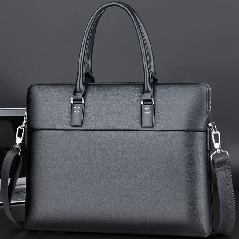 Men's Leather Briefcase - 14" Laptop Office Bag with Shoulder Strap, Waterproof Business Messenger Bag: black