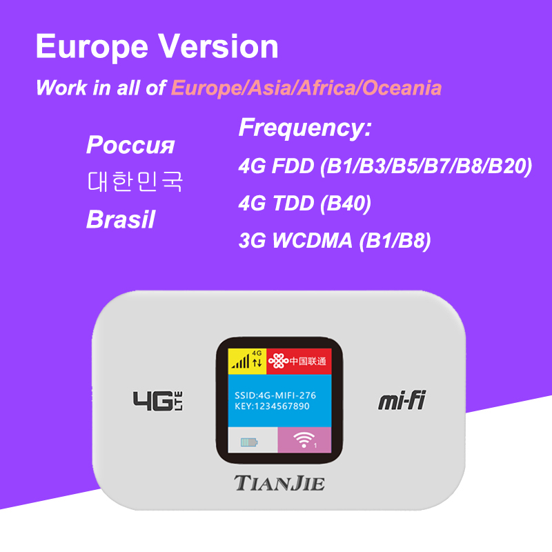 TIANJIE 150Mbps 4G Wifi Router Sim Card Wireless Modem FDD/TDD Pocket Network Adapter Mobile Car WI-FI Mesh With 2100MAh Battery: black