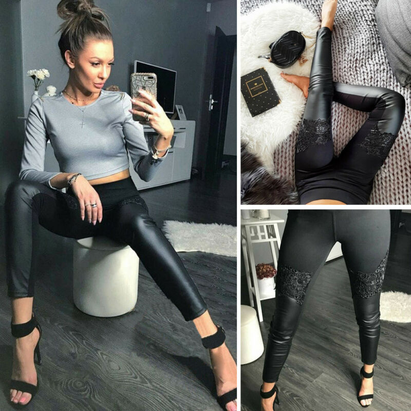 Dame stretch høj talje skinnende pu læderbukser skinny vogue blonder patchwork imiteret læder leggings blyantbukser slim fit