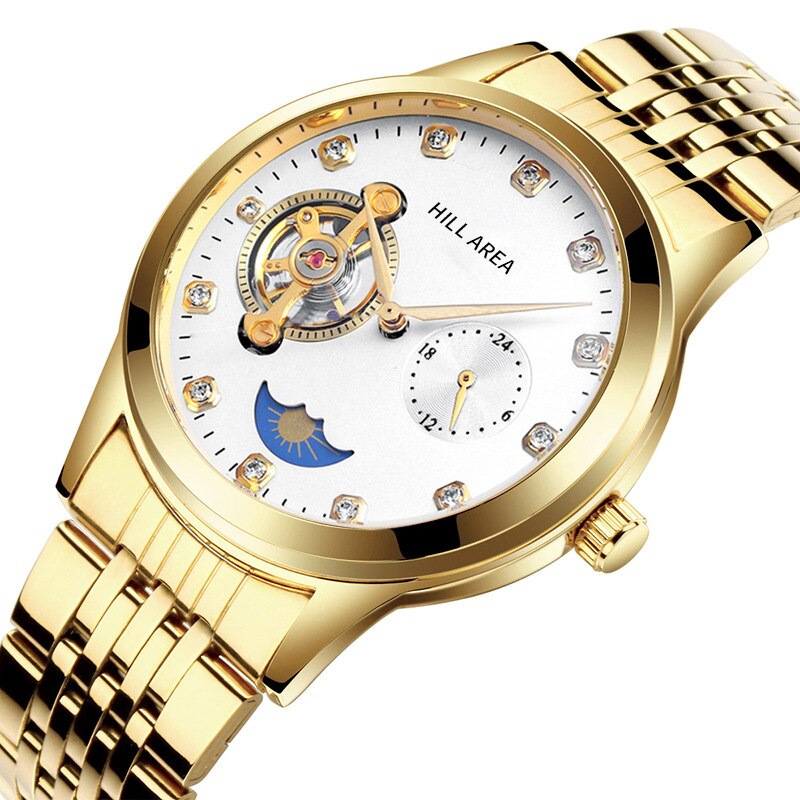 Nary/Nary Mechanical Wrist Ch Men Day And Night Stars Diamond Set Tourbillon Erproof Non-Quartz: Steel Belt Gold Flour