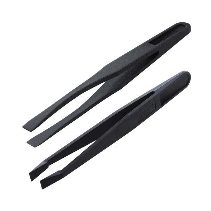 4 Pcs Tweezers: 3 Pcs 115mm Long Flat Tip Black Tweezers &amp; 1 Pcs Manual Tool Plastic Flat Tip Anti-Static Tweezers