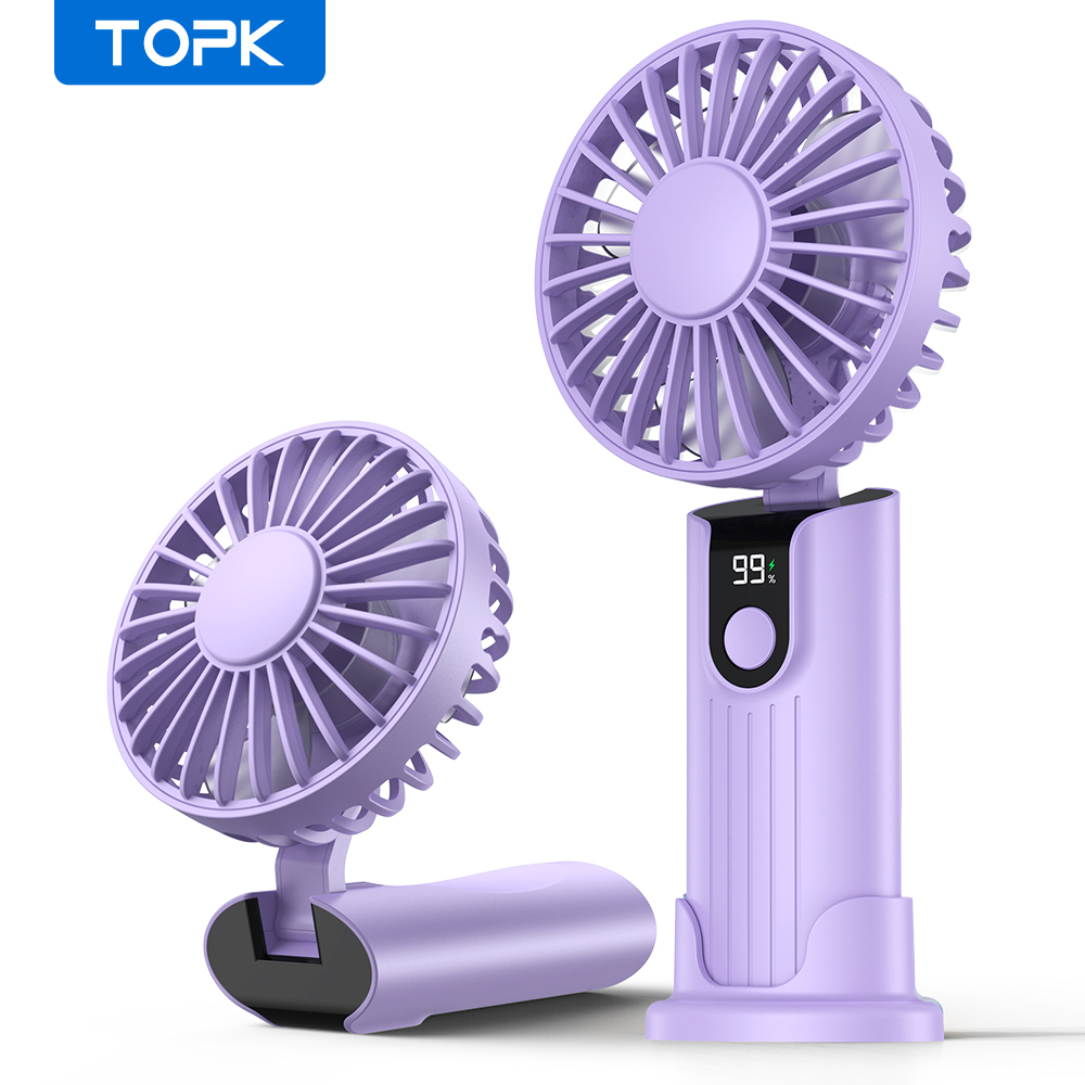 TOPK 5000 mAh tragbarer Mini-Ventilator, wiederaufladbarer USB-Handventilator, kleiner Taschenventilator, 3 Geschwindigkeiten mit Trageband und Basis, faltbarer USB-Schreibtischventilator: Rot