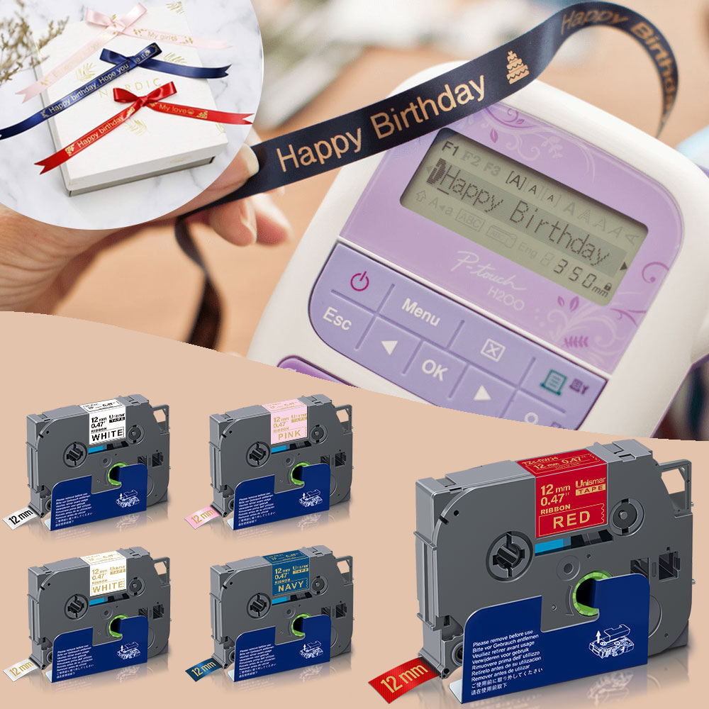 Unismar 3PK 12mm Satin Ribbon Label for Brother RE34 Gold on Pink Label Ribbon Compatible Brother Ptouch Labeler Printer Machine