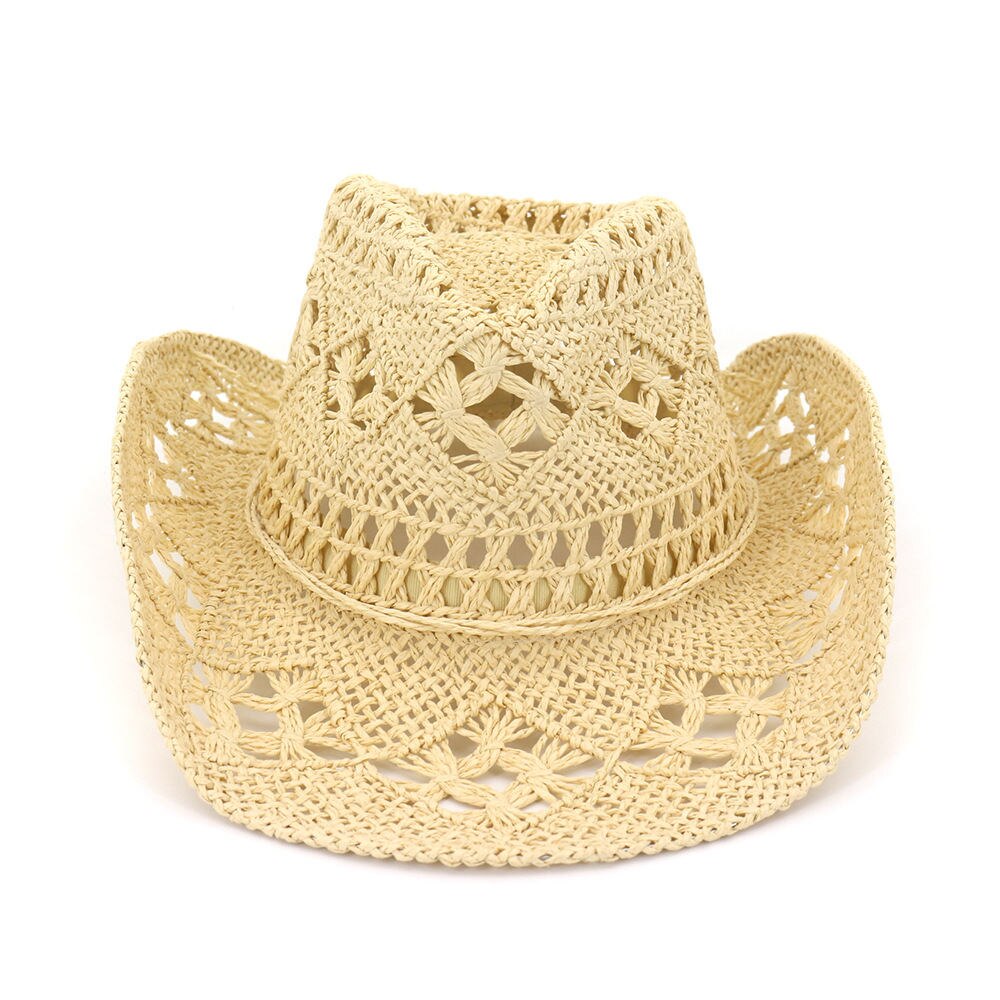Sombrero vaquero hueco de rafia para hombres de verano con cuerda delgada de ala ancha rizada occidental gorro de protección solar Unisex sombreros: Beige