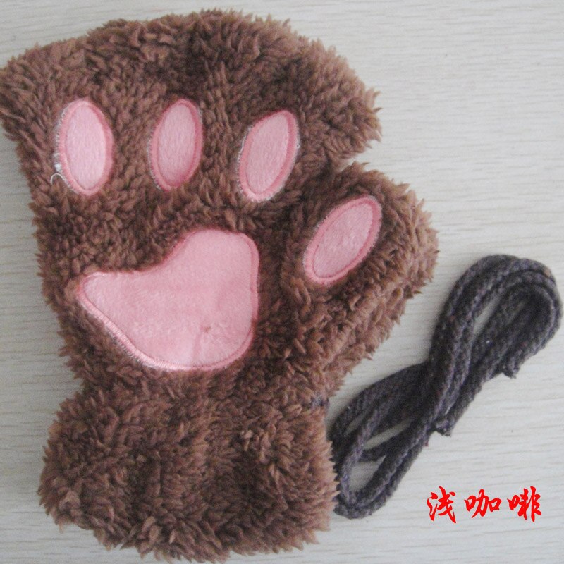 Gants de dessin animé chat fille, mitaine épaisse peluche ours patte demi-doigt G22: Light Coffee