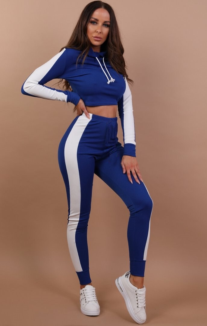 Side Striped Crop Hooded For Women Long Sleeve Hoody Elastic Sports Set Autumn Women's Ypga Shirts Tracksuits Sportswear: Blue / S