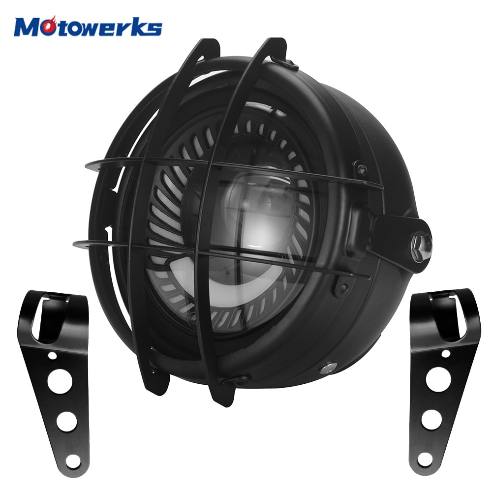 Motowerks Retro 6.5 Inch LED Motorcycle Headlight Grill Bracket Cover High Low Beam DRL Headlamp Bulb for Cafe Racer Customs