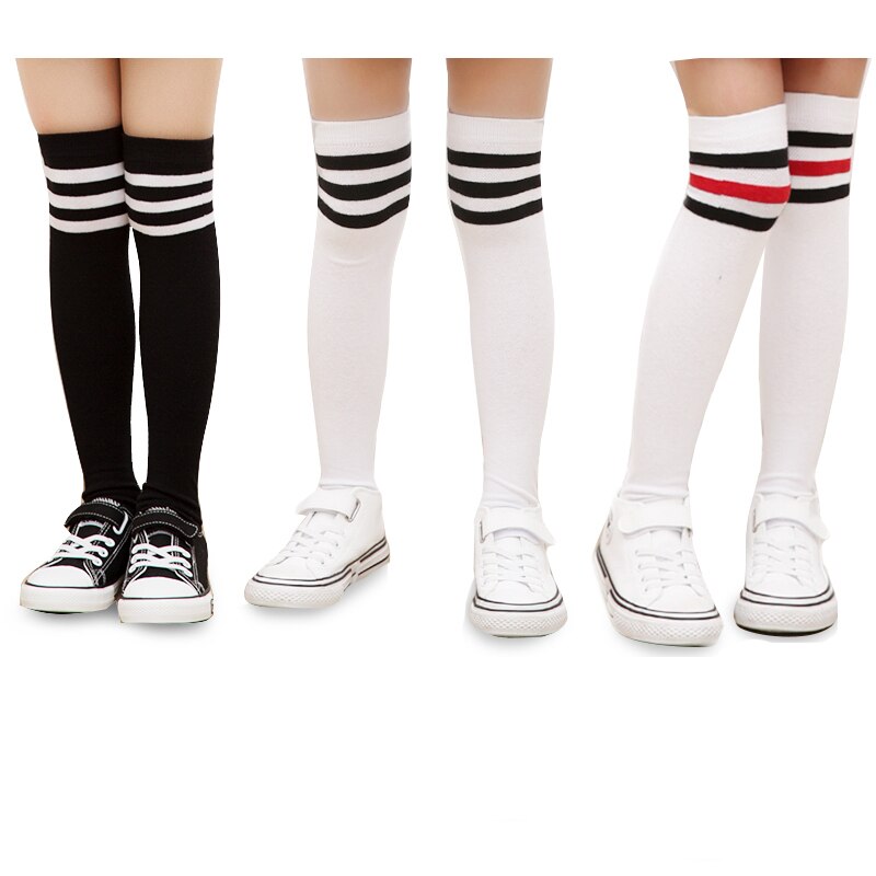 Børn knæ stribet unisex strømpe pige drenge fodbold høje lange strømper striber bomuld sportsskole hvid baby stribe strømpe