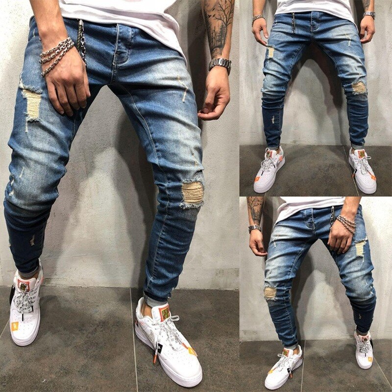 Pantalones vaqueros ajustados Punk para hombre, Jeans ajustados de pitillo, Jeans de talla grande para hombre, Jeans rasgados con agujeros para Patchwork, ropa de calle