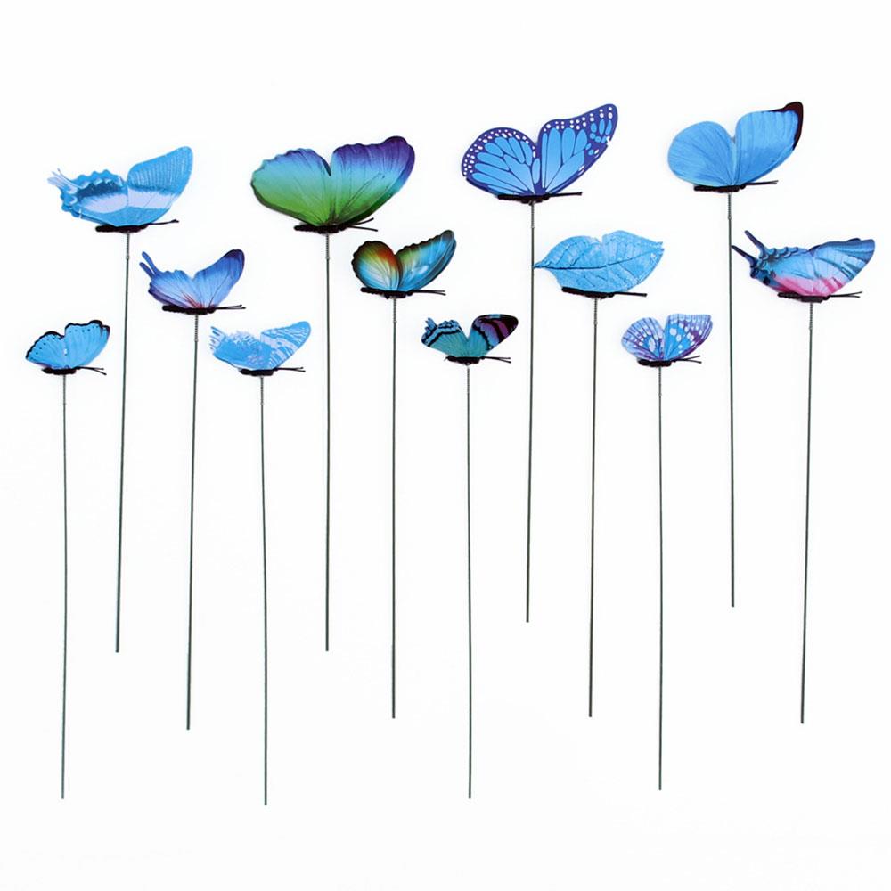 Livagtig sommerfuglehaveindretning på pinde 3d græsplæne håndværk blomsterpotte græsplæne dekoration havepynt 12 stk / pakke udendørs havearbejde: Blå