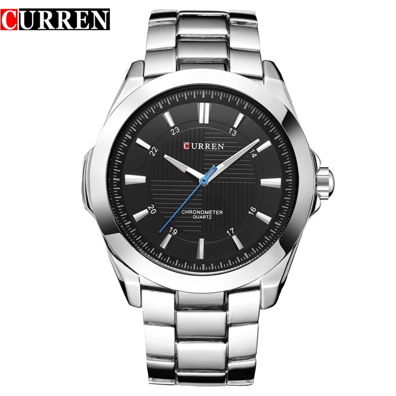 Merk curren eenvoudige wijzerplaat klassieke horloges volledig stalen quartz heren polshorloge zilveren klok reloj hombre: Zilverzwart