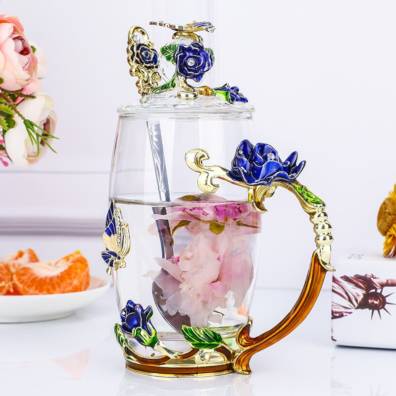Europäischen Stil Emaille Glas Tasse Kaffee Milch Trinken Blume Getränk Tee Tasse einstellen mit Deckel Löffel Kasten Paar Glas typ bilden: Blau hoch Löffel Deckel