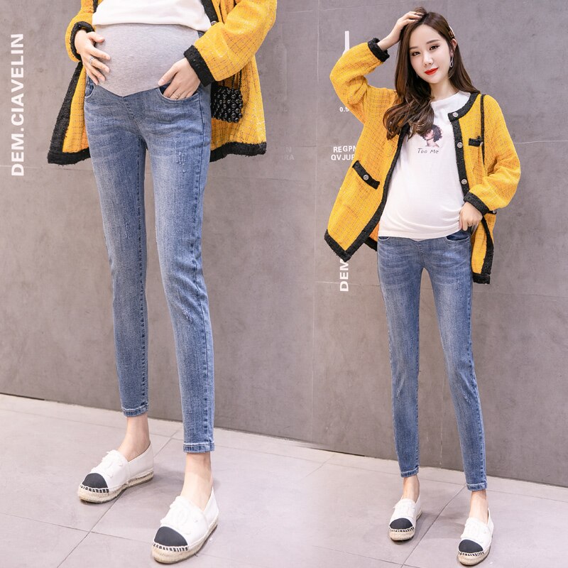 Zwangere vrouwen jeans hoge taille buik slank en dun zwangerschap cowboy zwangere vrouw capri-broek zwangerschapskleding pantsnk 017: Blauw / Xl