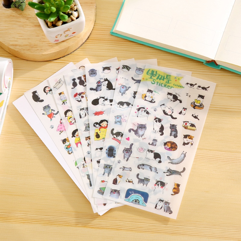 6 ark / sæt gennemsigtige pvc klistermærker søde sorte og hvide kat piger fotoalbum dekoration klistermærke børn diy legetøj