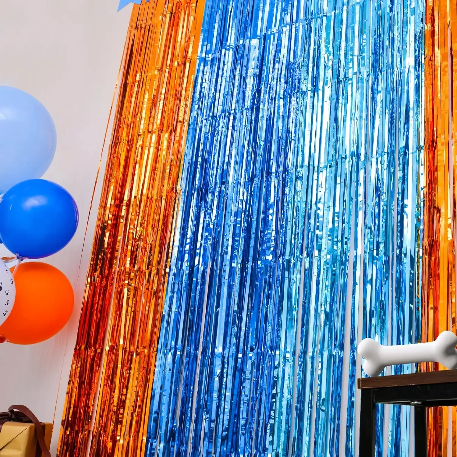 Cortinas con flecos de aluminio para perro, suministros para de cumpleaños, telón de fondo para tema de sirena bajo el mar, decoración de de revelación de género, color naranja y azul
