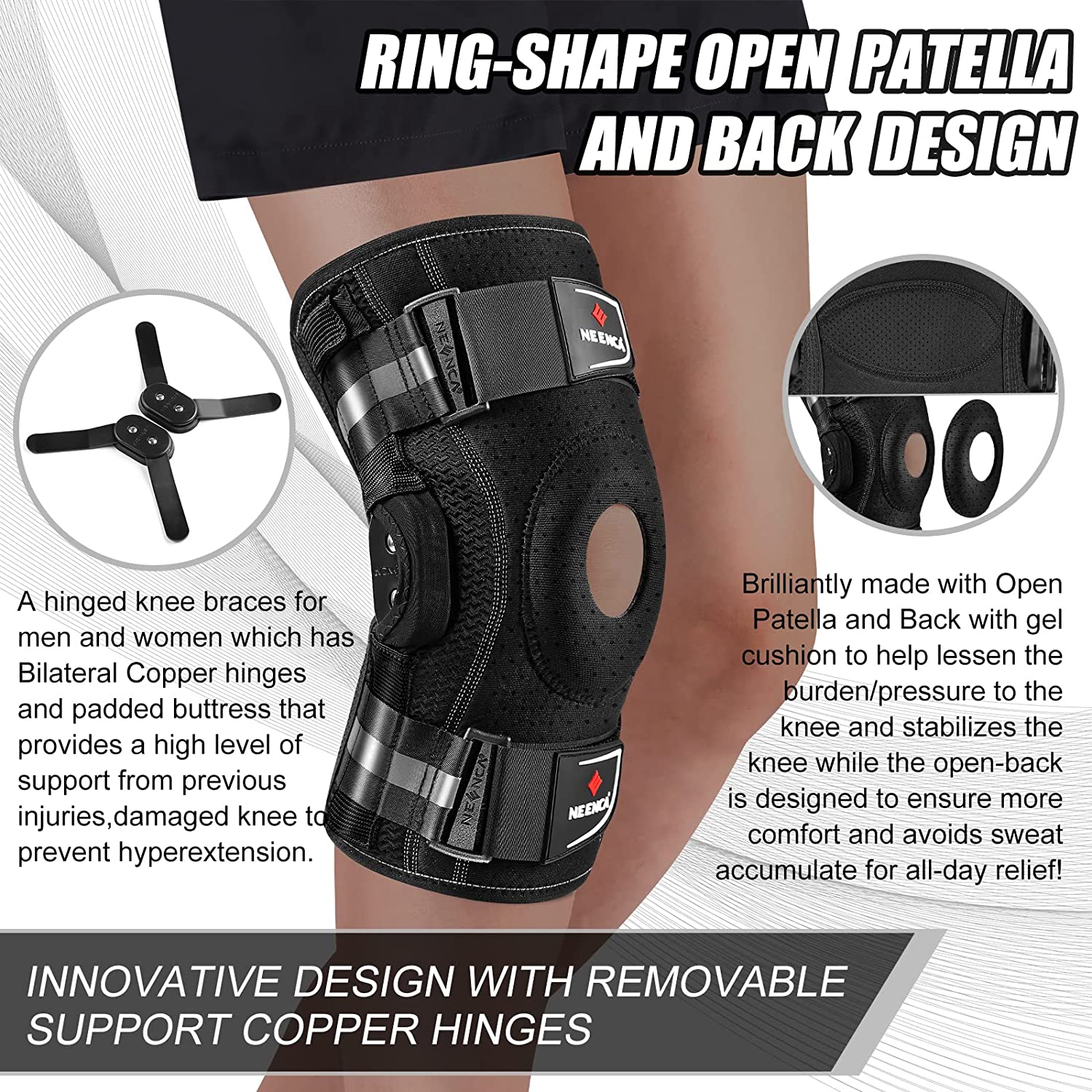 NEENCA Kniebandage mit Scharnier für Knieschmerzen, Kniestütze mit seitlichen Stabilisatoren, Linderung von Gelenkschmerzen, Arthritis, Meniskusriss, ACL PCL
