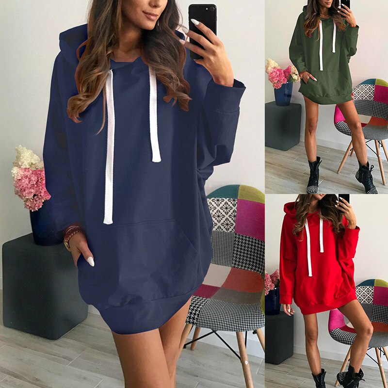 Vrouwen Lange Hooded Sweatshirt Lange Mouw Effen Kleur Losse Truien Jas SAL99