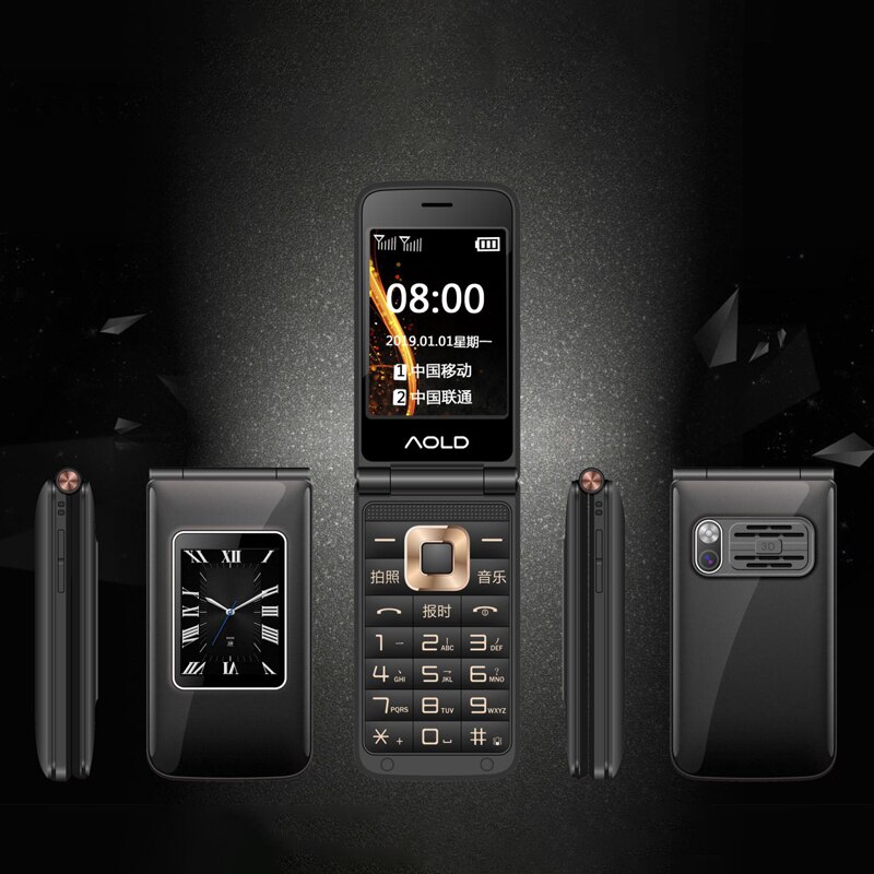 Flip Slanke Clamshell Mobiele Telefoon Voor Oude Senior Mensen Speed Dial Russisch Sleutel Dual Sim Metalen Case Torch Extra Licht: add 8G TF card / Black