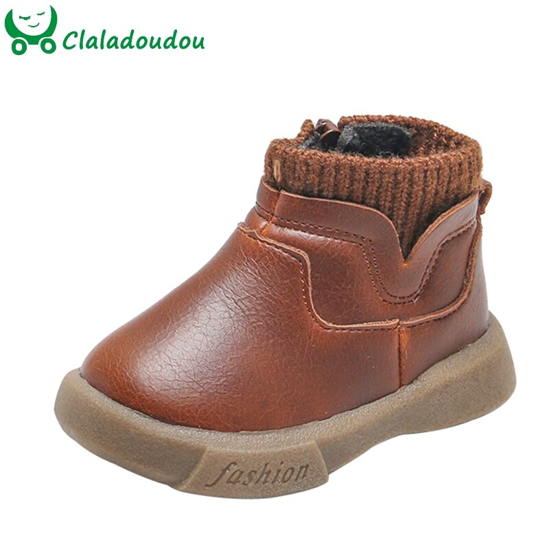 11.5-15.5Cm Jongens Pu Lederen Winter Casual Schoenen Met Dunne Fluwelen Voor Herfst Vroege Winter Peuter Kids Breien patch Enkellaarsjes