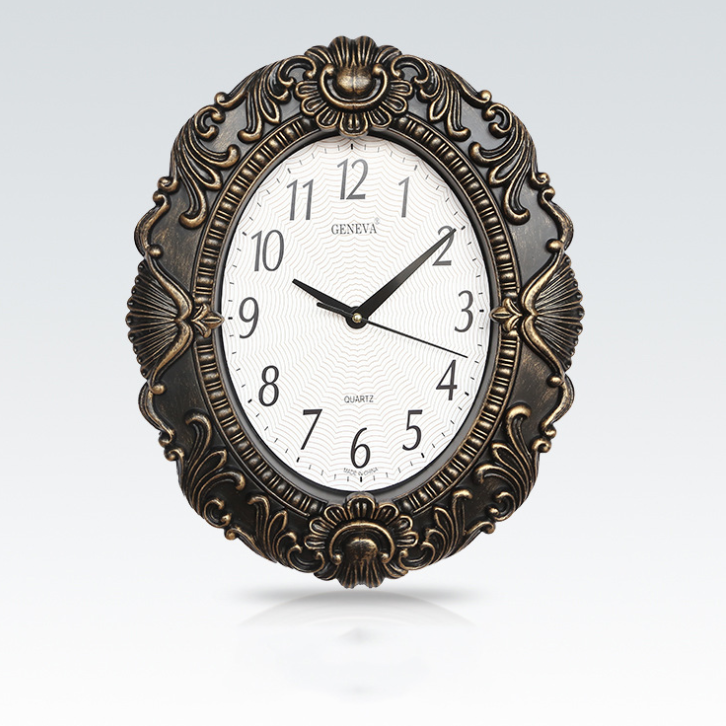 Gorgeous retro style Spanish style wall clock living room hall wall clock 13.3-inch oval imitation mirror clock: C