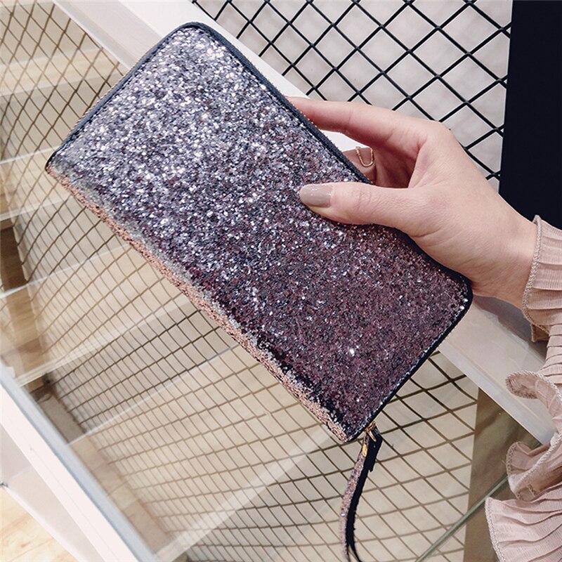 Moda legal lantejoulas carteira feminina carteira de mão longa brilhante bolsa de couro bolsa de armazenamento de cartão de crédito zíper glitter festa saco de armazenamento