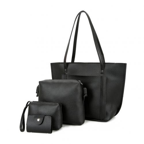 Soild Kleur 4 Stks/set Vrouwen Kunstleer Cross Body Schoudertas Handtas Kaarthouder Clutch: Black