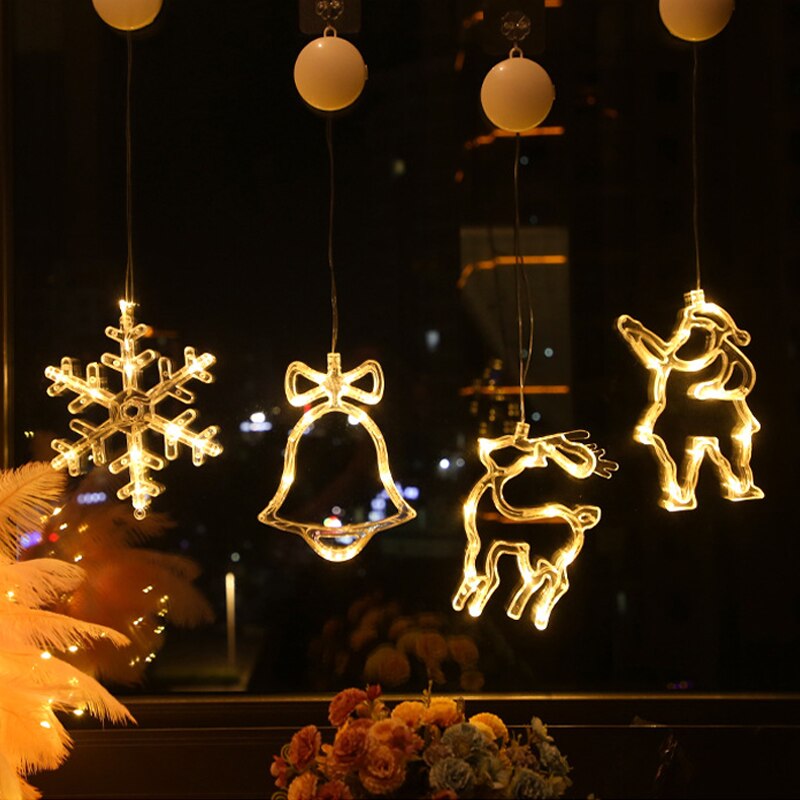 1PC LED Christmas Lights Bell Snowman Star Window Decorative Sucker Lamp Battery Powered Waterproof String Lamp for Room