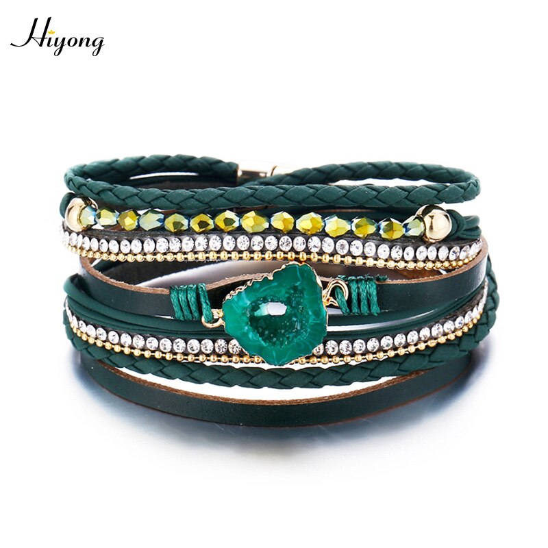 HIYONG Green Multilayer Leather Bracelet Vintage Magnet Buckle Bracelets Crystal Rhinestone Wrap Bracelet Boho Female Jewelry: Default Title