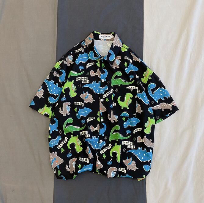 Zomerse harajuku blouse heren tops turn-down kraag losse korte mouwen heren overhemd casual dinosaurus print hawaii shirts: Zwart / M 47-55kg