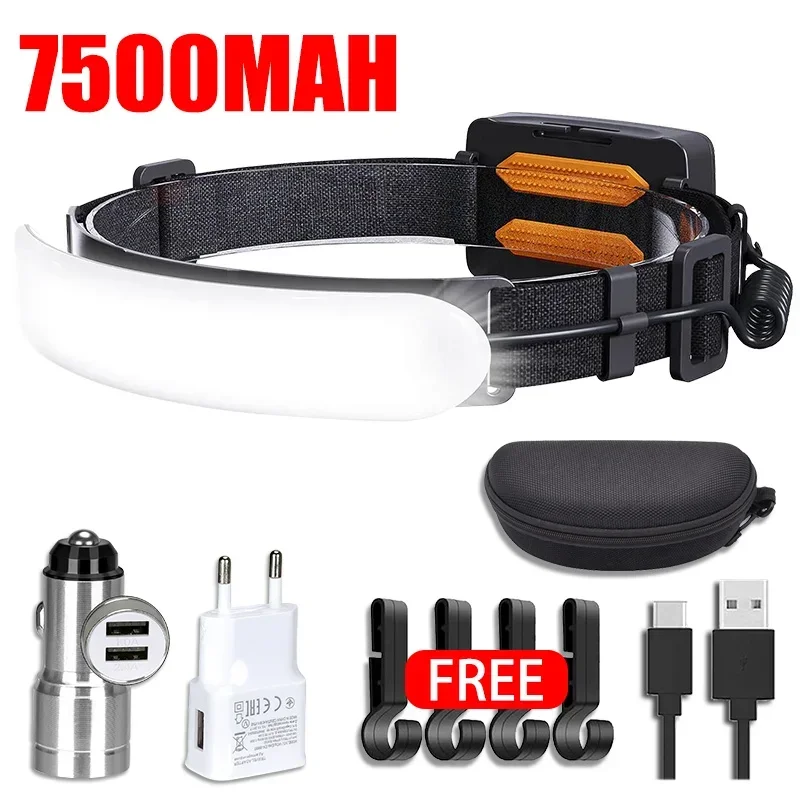 Potente linterna frontal LED COB, linterna frontal recargable por USB con batería integrada de 5000Mah, linterna para acampar y pescar: Color blanco cálido
