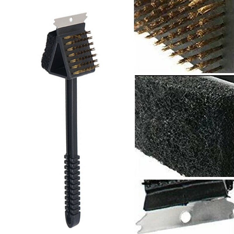 3 In 1 Driehoek Koperdraad Barbecue Grill Oven Borstel + Rvs Schraper + Spons Bbq Gadget