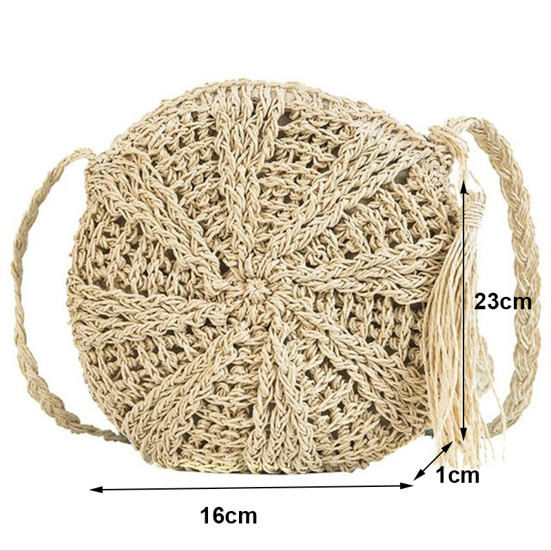 Yogodlns Round Soft Paper Rope Shoulder Bag Tassel Summer Beach Handmade Crossbody Bags Women Hollow Straw Bag Circle Rattan Bag: beige style5