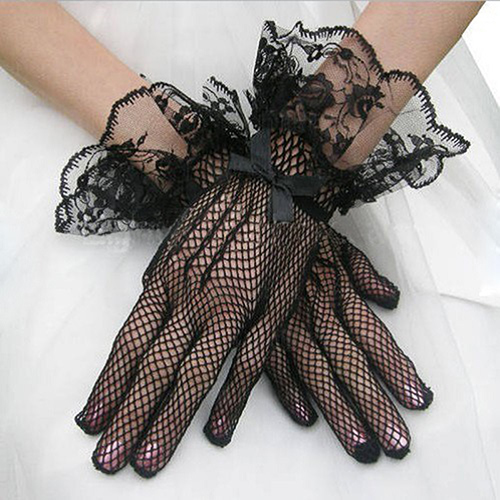 Kvinder tilbehør sort hvid fingerede handsker dame piger aften fest prom blonder handsker brud håndled vanter: Sort