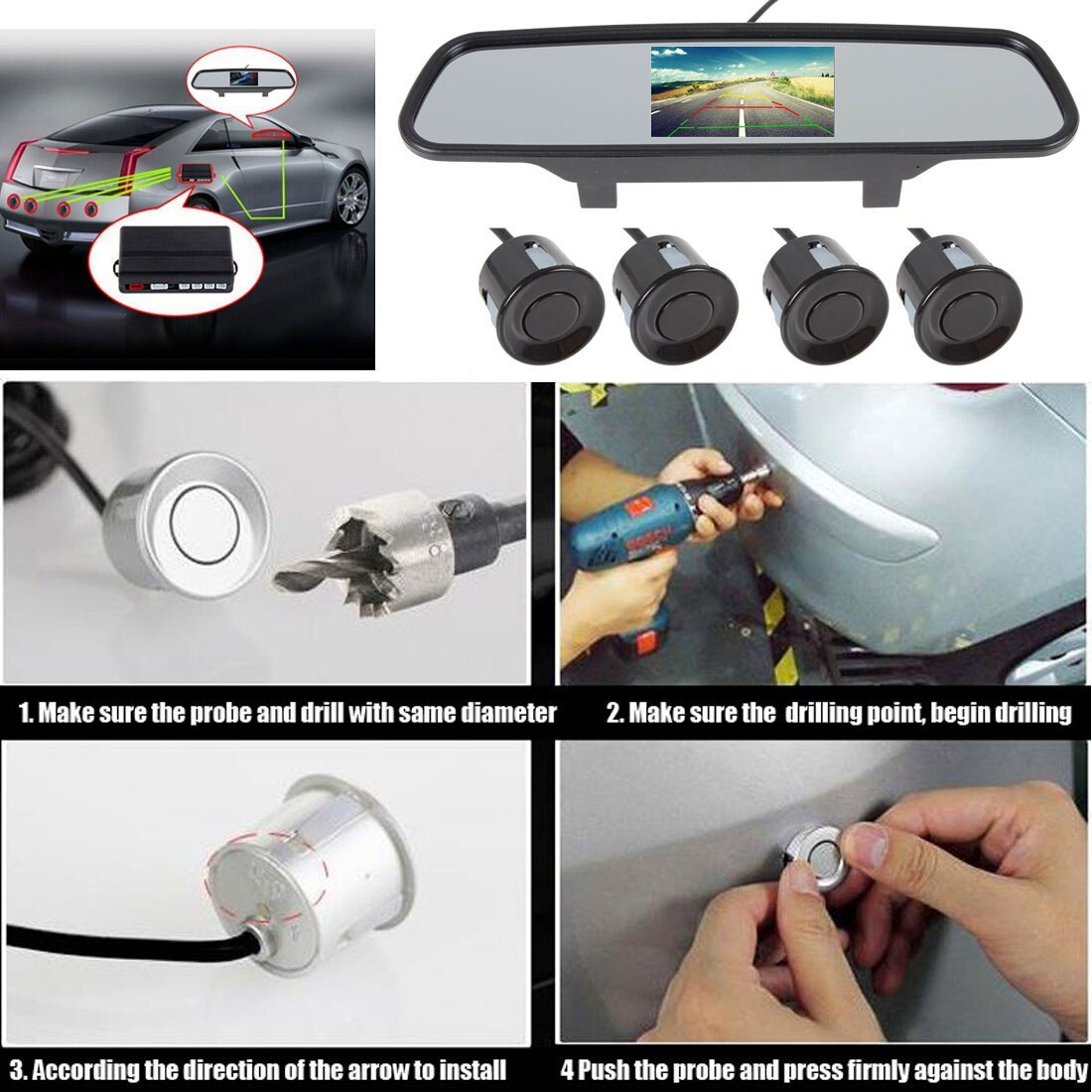 Multifunctional Car Premium Reversing and Parking Sensor System with Ultrasonic Sensors & LED Display For All Cars Parcking