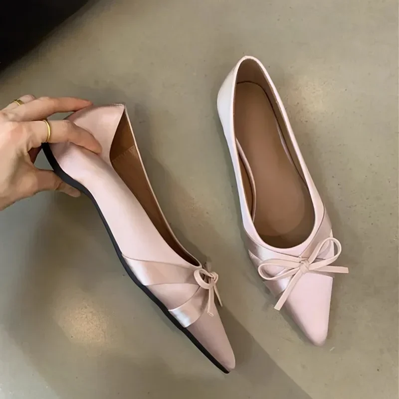 Ballerina Satijn Platte damesschoenen Comfort Antislip Puntschoen Dames Loafers Flats Elegante strik Enkele damesschoenen