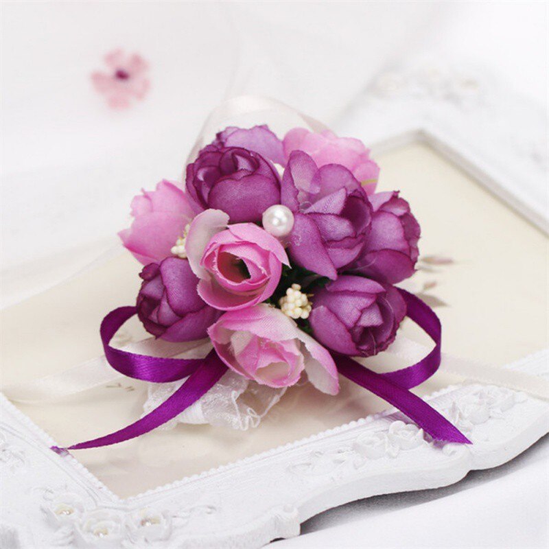 10pcs/lot Wrist Flowers Prom Wrist Flower Girls Bridesmaid Hand Flowers Wrist Corsage Bracelet Lace-up Flower Wedding Supply