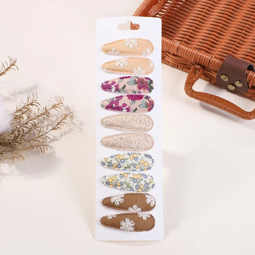 10Pc/Lot Ins 2.2inch Flower Print Cotton Alloy Hair Bow Snap Clips Set Fabric Plaid Bobby Hairpins Hairgrips Girls Kids Headwear: SKY BLUE