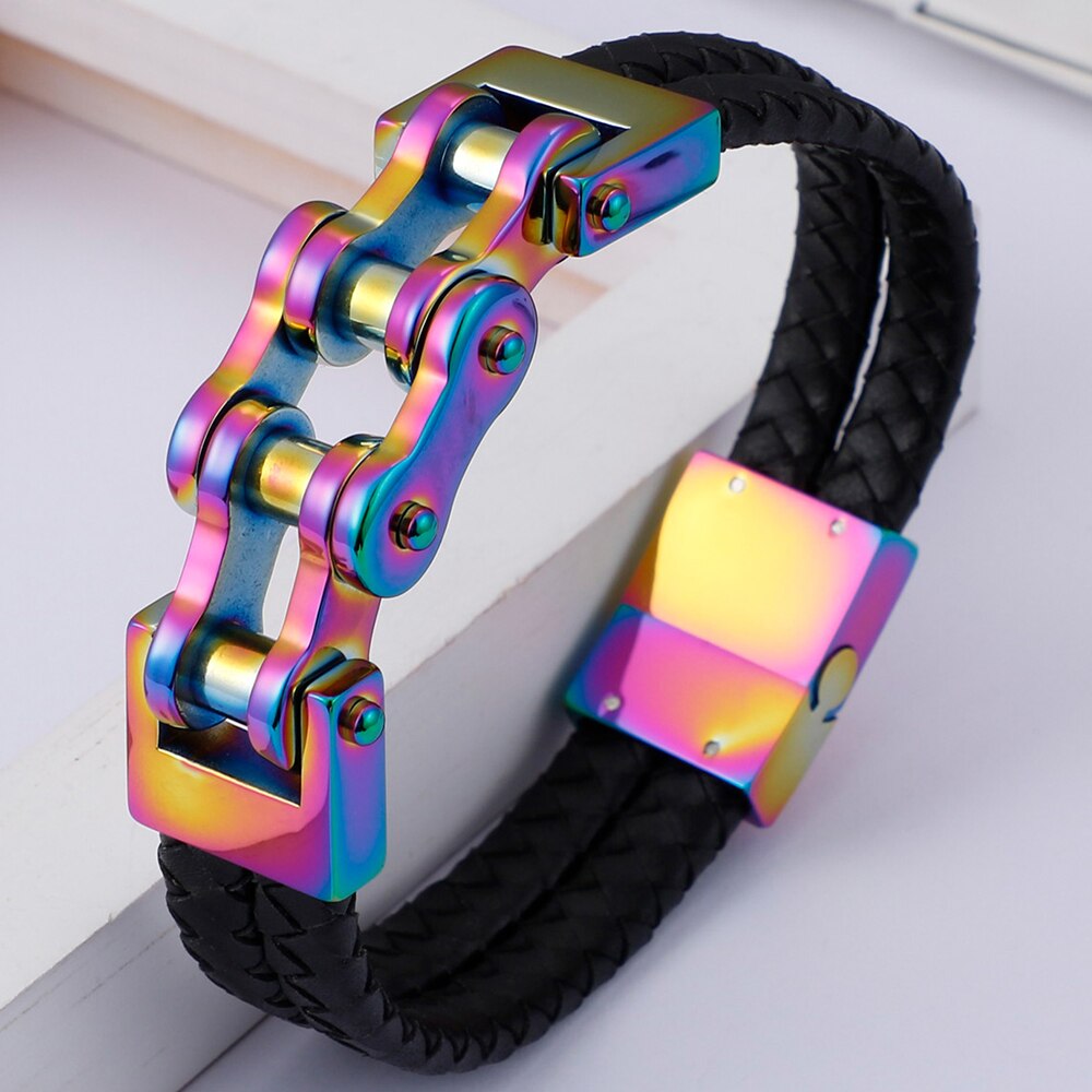 Hip-Hop Biker Sieraden Gevlochten Lederen & Goud Kleur Roestvrij Stalen Armband Mannen Motorfiets Chain Heren Armbanden