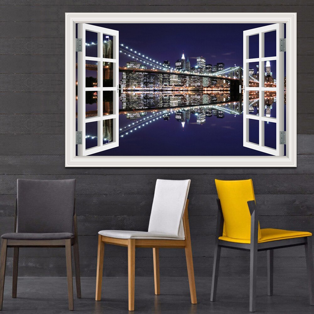3D Window View wall Sticker York Brooklyn Removable Night Wall Art Wallpaper Kitchen Room decor aesthetic poster prints