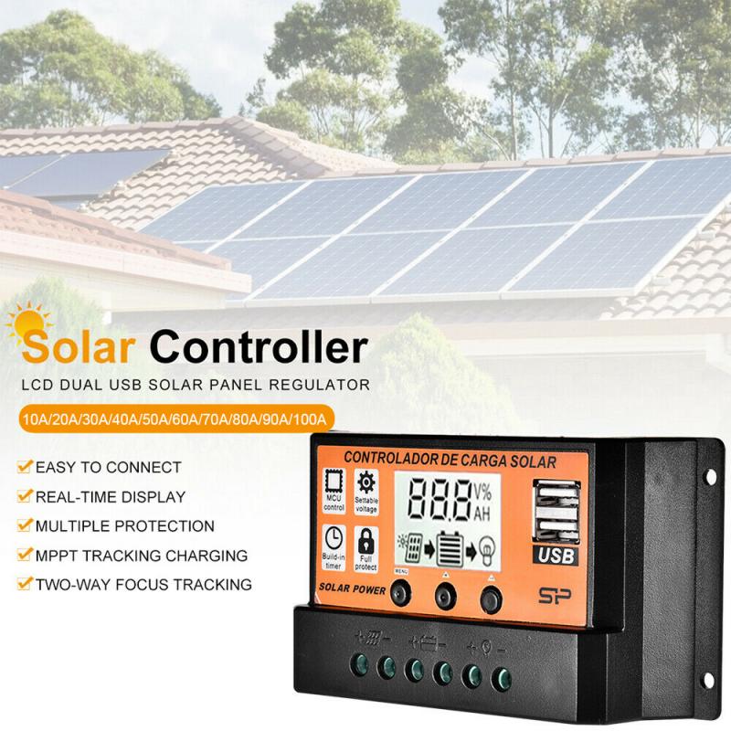 40A 50A 60A 70A 80A 90A 100A Solar Charge Controller 12V 24V Auto PWM 5V Output Regulator PV Home Battery Charger LCD Dual USB