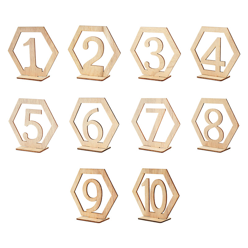 Letrero de madera con número para mesa, soporte hexagonal para tarjeta, boda rústica, compromiso, suministros de decoración para eventos y fiestas, 10 piezas: Number1-10