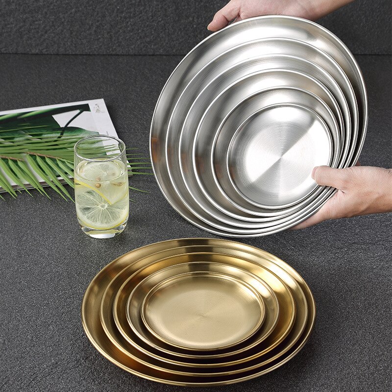 Korean Stainless Steel Round Steak Plate Tray Single Layer Hairline Finish Mirror Steak Tray BBQ Tableware Dish