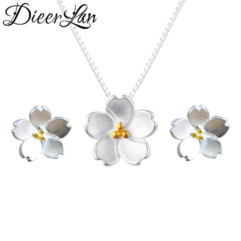 DIEERLAN Wedding Bridal 925 Sterling Silver Cherry Flower Earrings Necklaces Jewelry Sets for Women Girls Party Pendientes: Default Title