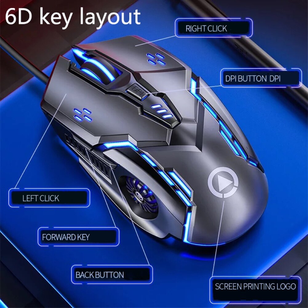 Silent/Sound USB Wired 6-Buttons 3200DPI Adjustable Light Gaming Mouse for PC Gaming Mouse USB Optical Wired Gaming Mice