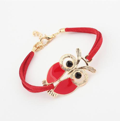 Quente nova moda selvagem retro amantes linda coruja dourada totem dourado cordão de couro pulseira feminina jóias atacado e varejo: red