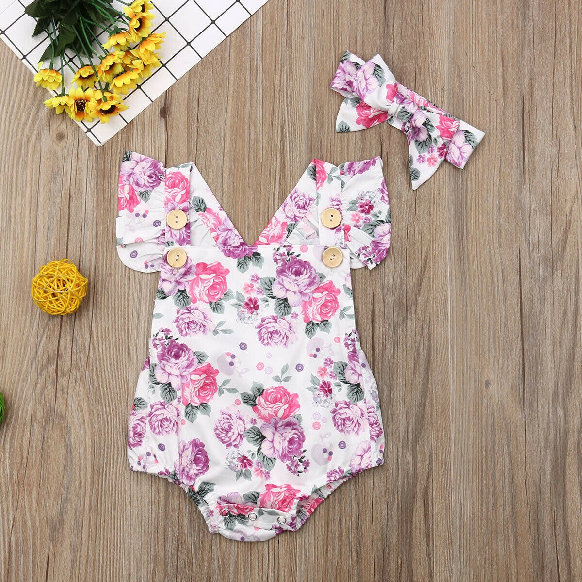 Newborn Kids Baby Girls Boys Floral One-piece Jumpsuit Headband 2pcs Outfits Summer Clothes