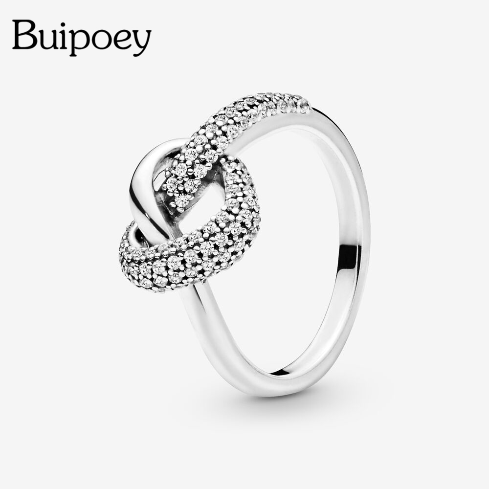 Buipoey Silver Color Plated Ring Love Intertwined Ring Women Knotted Love Ring Zircon Crystal Lovers Couple
