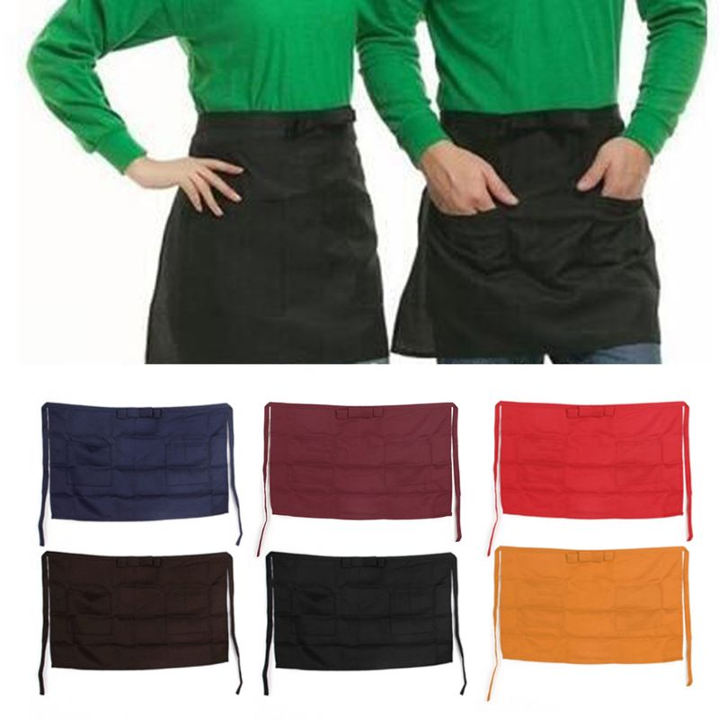 Delantal de media cintura para Bar, Pub, cocina, de algodón, 6 colores, para camarero, camarera