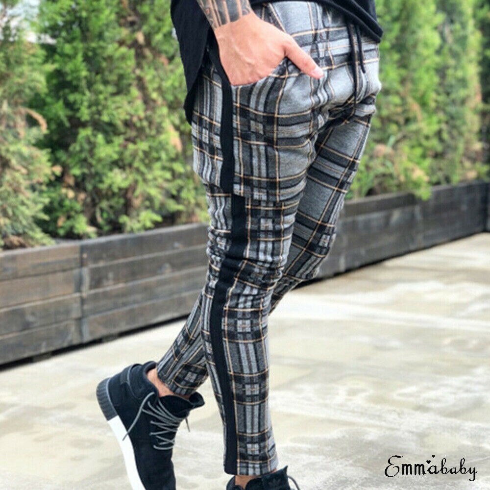 Miehet stretch skinny slim fit housut kontrasti ruudullinen housut miesten smart casual housut punainen vihreä harmaa: M / Harmaa ruudullinen