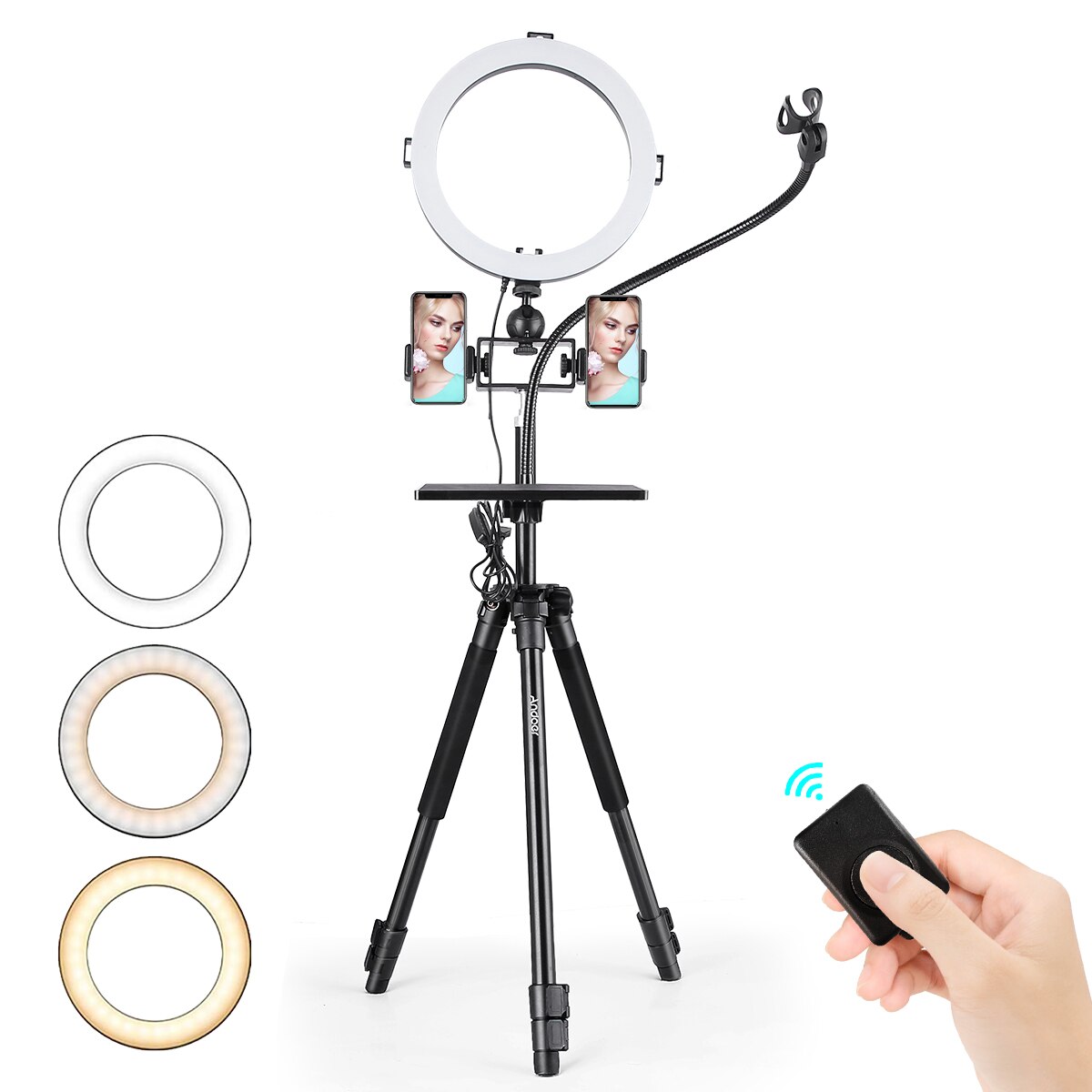 Andoer 10inch/26cm LED Ring Light Kit 3000K-6500K 3 Lighting Modes Dimmable USB Powered with 145cm Tripod Stand for phone